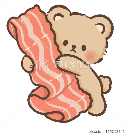Cute teddy bear character hugging a giant strip of crispy breakfast bacon hand drawn watercolor style food illustration for kitchen art cafe menus and funny morning themes Cute teddy bear character hugging a giant strip of crispy breakfast bacon hand drawn watercolor style food illustration for kitchen art cafe menus and funny morning themes 135212241