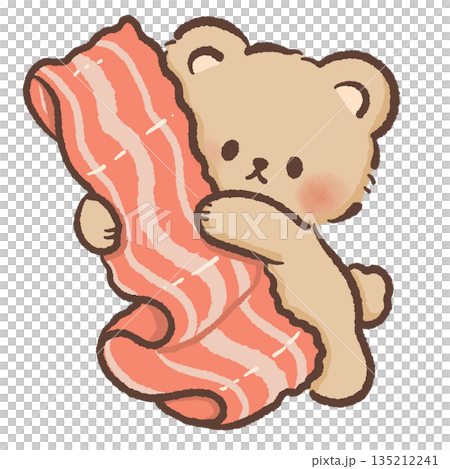 Cute teddy bear character hugging a giant strip of crispy breakfast bacon hand drawn watercolor style food illustration for kitchen art cafe menus and funny morning themes Cute teddy bear character hugging a giant strip of crispy breakfast bacon hand drawn watercolor style food illustration for kitchen art cafe menus and funny morning themes 135212241