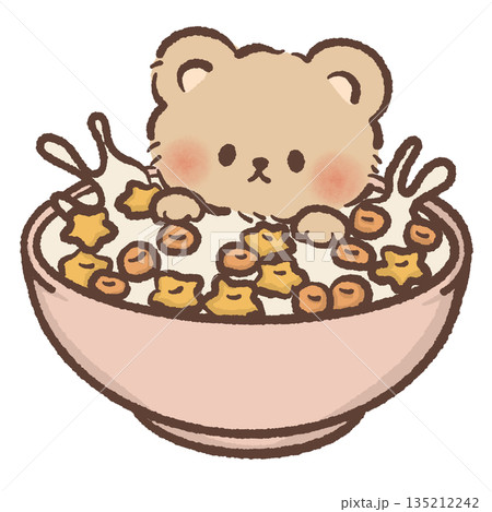 Cute teddy bear character sitting in a pink bowl of star cereal with milk splashes hand drawn watercolor style breakfast illustration for nursery decor and kids food branding Cute teddy bear character sitting in a pink bowl of star cereal with milk splashes hand drawn watercolor style breakfast illustration for nursery decor and kids food branding 135212242