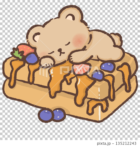 Cute teddy bear sleeping on a stack of waffles with syrup and berries hand drawn watercolor style cozy breakfast illustration for nursery wall art and sweet food cafe decor Cute teddy bear sleeping on a stack of waffles with syrup and berries hand drawn watercolor style cozy breakfast illustration for nursery wall art and sweet food cafe decor 135212243