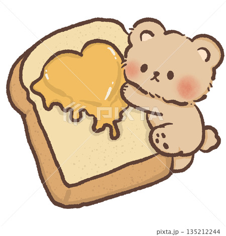 Cute teddy bear character spreading heart shaped honey or jam on a slice of bread hand drawn watercolor style breakfast food illustration for kitchen decor and nursery art 135212244