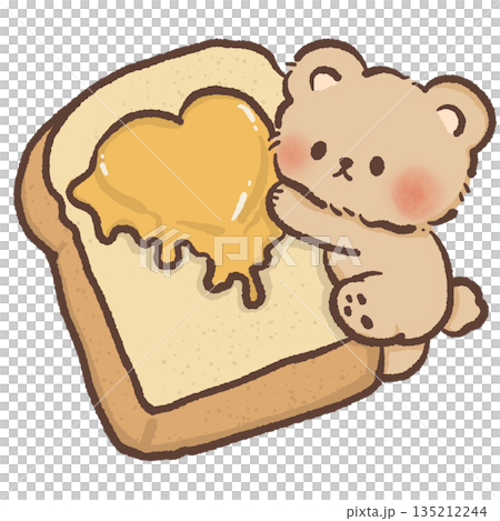 Cute teddy bear character spreading heart shaped honey or jam on a slice of bread hand drawn watercolor style breakfast food illustration for kitchen decor and nursery art 135212244