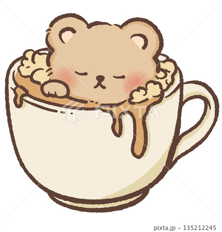 Cute teddy bear character sitting inside a white coffee cup with frothy latte art hand drawn watercolor style morning beverage illustration for cafe branding and nursery decor 135212245