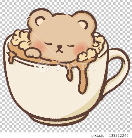 Cute teddy bear character sitting inside a white coffee cup with frothy latte art hand drawn watercolor style morning beverage illustration for cafe branding and nursery decor 135212245