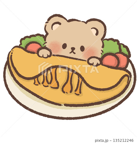 Cute teddy bear character hiding behind a large breakfast omelet with garnish hand drawn watercolor style egg dish illustration for kitchen decor cafe menus and nursery art 135212246