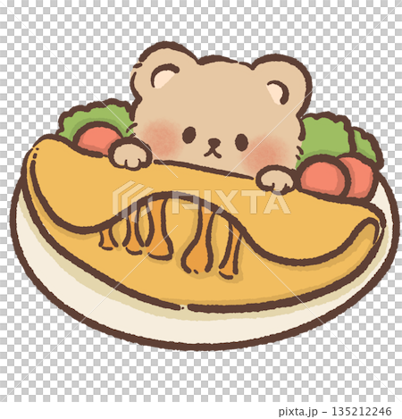 Cute teddy bear character hiding behind a large breakfast omelet with garnish hand drawn watercolor style egg dish illustration for kitchen decor cafe menus and nursery art 135212246