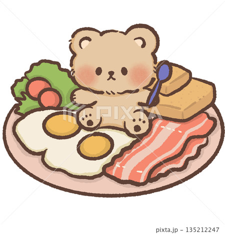 Cute teddy bear character with a full breakfast plate of eggs bacon and toast hand drawn watercolor style morning meal illustration for cafe branding and kitchen wall art Cute teddy bear character with a full breakfast plate of eggs bacon and toast hand drawn watercolor style morning meal illustration for cafe branding and kitchen wall art 135212247