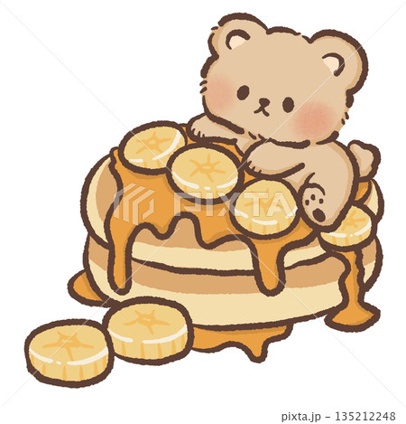 Cute teddy bear sitting on a stack of banana pancakes with maple syrup hand drawn watercolor style breakfast food illustration for nursery wall art and children cafe menu design Cute teddy bear sitting on a stack of banana pancakes with maple syrup hand drawn watercolor style breakfast food illustration for nursery wall art and children cafe menu design 135212248