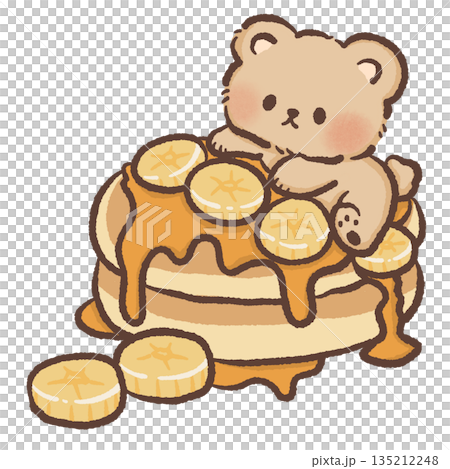 Cute teddy bear sitting on a stack of banana pancakes with maple syrup hand drawn watercolor style breakfast food illustration for nursery wall art and children cafe menu design Cute teddy bear sitting on a stack of banana pancakes with maple syrup hand drawn watercolor style breakfast food illustration for nursery wall art and children cafe menu design 135212248