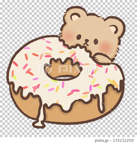 Cute teddy bear character biting a large white frosted donut with colorful sprinkles hand drawn watercolor style sweet pastry illustration for bakery decor and nursery wall art 135212250