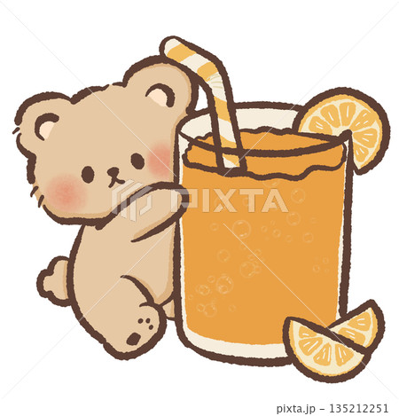 Cute teddy bear hugging a large glass of orange juice with a straw and citrus slices hand drawn watercolor style healthy drink illustration for kitchen decor and cafe menus 135212251
