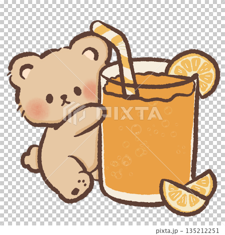 Cute teddy bear hugging a large glass of orange juice with a straw and citrus slices hand drawn watercolor style healthy drink illustration for kitchen decor and cafe menus 135212251