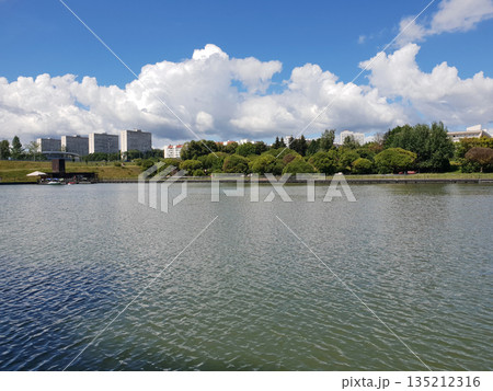 Victory Park and a large city pond in Zelenograd in Moscow, Russia 135212316