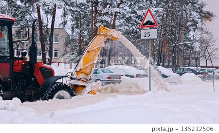 Snowplows clear the roadway from snow drifts to facilitate the passage of cars and buses around the city during snowfalls. special equipment clears snow from the roadway Snowplows clear the roadway from snow drifts to facilitate the passage of cars and buses around the city during snowfalls. special equipment clears snow from the roadway 135212506