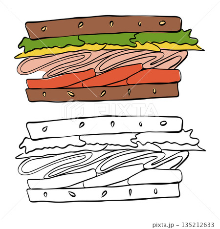 A delicious and classic multi-layered club sandwich with ham, cheese, lettuce, and tomato, served on toasted bread. Isolated hand drawn illustration. Vector graphic line ink colored art. A delicious and classic multi-layered club sandwich with ham, cheese, lettuce, and tomato, served on toasted bread. Isolated hand drawn illustration. Vector graphic line ink colored art. 135212633