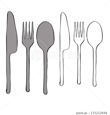 Fork, knife, and spoon, Isolated hand drawn illustration. Vector graphic line ink colored art. Represents cutlery, dining, and food service with clean design. For logo, web, package, sticker. Fork, knife, and spoon, Isolated hand drawn illustration. Vector graphic line ink colored art. Represents cutlery, dining, and food service with clean design. For logo, web, package, sticker. 135212648