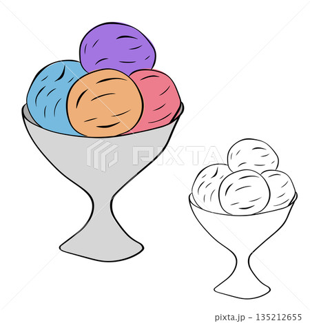 Strawberry ice cream sundae Isolated hand drawn illustration. Vector graphic line ink colored art. Banner, poster, wrapping paper, sticker, print, modern textile design. 135212655