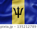 Barbados national flag with blue yellow stripes and black trident. 135212789