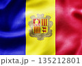 Andorra national flag with blue yellow red stripes and coat of arms. 135212801