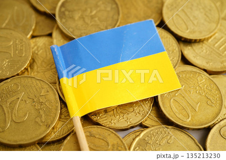 Ukraine flag on coin and banknote money, finance trading investment business currency concept. 135213230