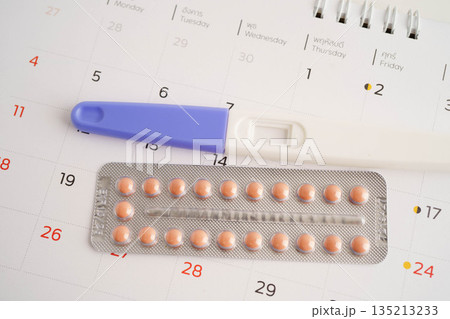 Pregnancy test for female of ovulation day, fetus, maternity, childbirth, birth control. 135213233