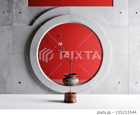 コンクリートの円窓に映える一枝の梅。赤とグレーの対比が美しい静謐な空間アート。 135213544