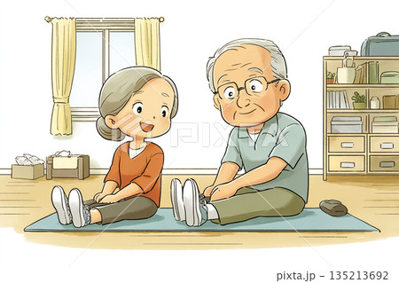 高齢者が室内で体操を行うシニア向け健康活動のイラスト 135213692