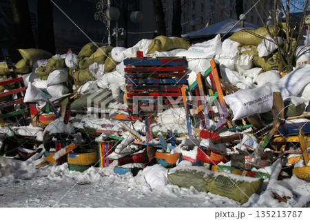 Barricade during protests in the streets of Kyiv, Ukraine 135213787
