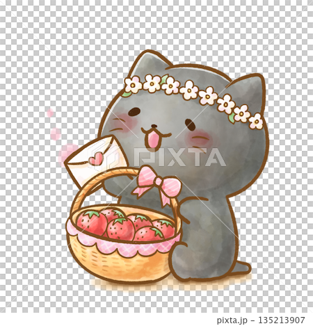 Watercolor illustration of a black cat carrying a strawberry gift and a basket and delivering a letter 135213907