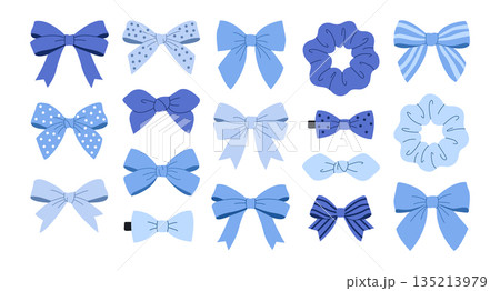 Blue hair accessories set: bows, barrettes, and ties. Fashionable hairpins vector collection 135213979