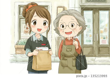 介護士が高齢者の買い物をサポートする生活支援イラスト 135213993