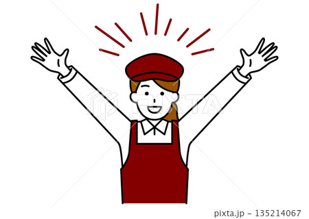 バンザイで喜ぶカフェの女性店員 135214067