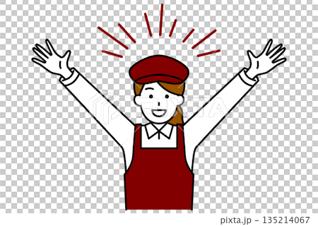 バンザイで喜ぶカフェの女性店員 135214067