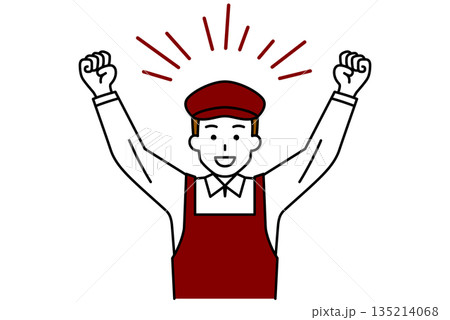 バンザイで喜ぶカフェの男性店員 135214068