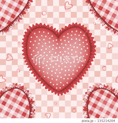 Seamless pattern with cute tattersall and polka dot hearts with cute ruffles. Textile handicraft heart background. Seamless pattern with cute tattersall and polka dot hearts with cute ruffles. Textile handicraft heart background. 135214204
