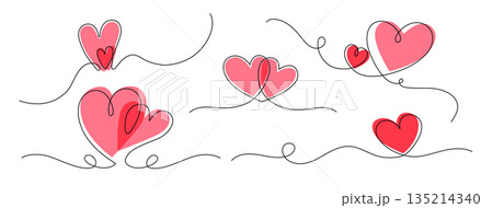 One Line Heart Doodle Set with Pink Shapes 135214340