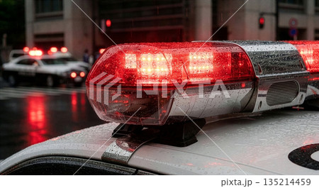 警察署の前に停まるパトカーの赤色灯　犯罪　事件　取り締まり 135214459