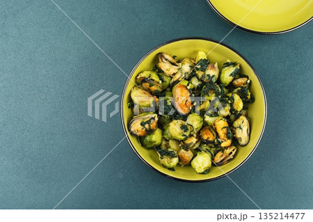 Brussels Sprouts with Mussels. Brussels Sprouts with Mussels. 135214477
