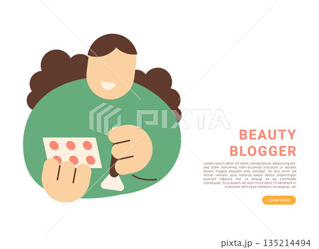 Flat modern illustration of a beauty blogger holding makeup brush and palette, representing beauty content creation, cosmetics review, influencer marketing, and lifestyle blogging concept. Flat modern illustration of a beauty blogger holding makeup brush and palette, representing beauty content creation, cosmetics review, influencer marketing, and lifestyle blogging concept. 135214494