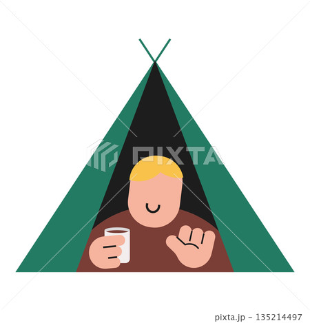 Flat modern illustration of a person relaxing inside a camping tent, holding a cup, representing outdoor lifestyle, travel, camping, relaxation, and nature concept. 135214497