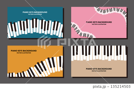 16:9の背景素材、4枚セット。ピアノの鍵盤のレトロなデザインのベクターイラストデータ 135214503