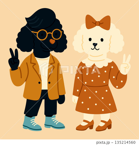 Pet shop advertisement. Black poodle and white lapdog both dressed in fashionable clothes, showing sign of Victory with their paws. Vector illustration Pet shop advertisement. Black poodle and white lapdog both dressed in fashionable clothes, showing sign of Victory with their paws. Vector illustration 135214560