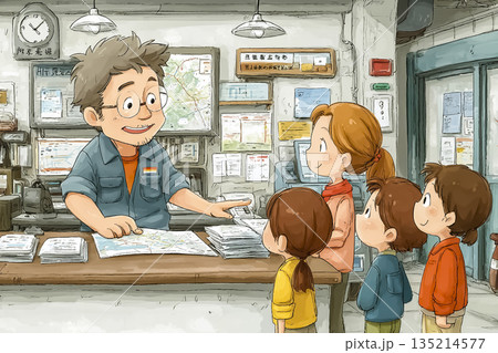 駅の案内所で地図を使って説明する駅員と子どもたちのイラスト 135214577