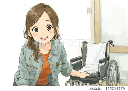 介護研修で車椅子操作を学ぶ女性研修生のイラスト 135214579