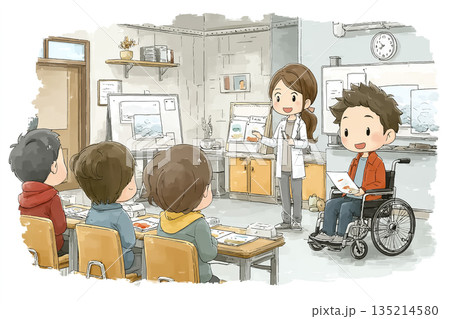 介護研修で説明を受ける車椅子利用者と研修生のイラスト 135214580