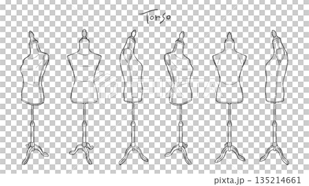 洋裁・アパレル用トルソーの手描きイラストセット 複数アングルのマネキン線画/線画のみ・塗り無し 洋裁・アパレル用トルソーの手描きイラストセット 複数アングルのマネキン線画/線画のみ・塗り無し 135214661