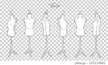 洋裁・アパレル用トルソーの手描きイラストセット 複数アングルのマネキン線画/白塗り有り 135214662