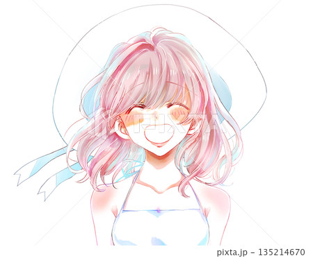 笑顔の夏の女性　帽子 135214670