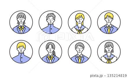 学生服を着た男女の丸形アイコンセット 135214819