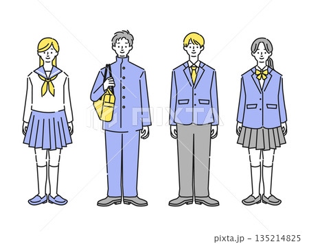 学生服を着た学生たちのイラスト_全身 学生服を着た学生たちのイラスト_全身 135214825